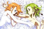  absurdres arm_grab armpits bangs bed_sheet blue_eyes breasts cleavage comp_h's couple from_above fuyou_kaede green_hair hair_ribbon highres hosoda_naoto indoors lying medium_breasts multiple_girls naked_sheet nude official_art on_back on_side open_mouth orange_hair outstretched_arm profile ribbon scan shigure_asa short_hair shuffle! shuffle!_memories smile tress_ribbon untied upper_body yuri 