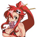  asymmetrical_bangs bangs bikini_top breasts bush covered_nipples eyebrows_visible_through_hair hair_ornament hairpin high_ponytail kei_(bekei) large_breasts long_hair looking_at_viewer one_eye_closed open_mouth skull_hair_ornament solo tengen_toppa_gurren_lagann upper_body upper_teeth yoko_littner 