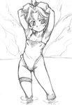  armpits arms_behind_head arms_up artist_request bangs blush bow casual_one-piece_swimsuit embarrassed flat_chest frills greyscale hair_bow highleg highleg_swimsuit latooni_subota looking_at_viewer monochrome one-piece_swimsuit outdoors parted_bangs pose short_hair sketch smile solo standing super_robot_wars super_robot_wars_original_generation swimsuit thigh_strap thighs wading water 