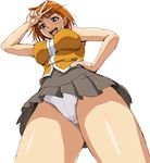  breasts from_below hand_on_hip large_breasts my-hime nigou oekaki orange_hair orange_shirt panties pantyshot pov purple_eyes school_uniform shirt short_hair smile solo tokiha_mai underwear v white_panties 