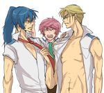  :d ^_^ ^o^ bad_id bad_pixiv_id blonde_hair blue_hair closed_eyes collarbone ebi_(pixiv66713) long_hair luca_angeloni macross macross_frontier male_focus mikhail_buran multiple_boys necktie nipples open_mouth pink_hair red_neckwear saotome_alto shirt short_twintails simple_background smile twintails white_background white_shirt 