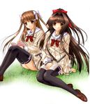  bangs black_legwear book bow bowtie brown_eyes brown_hair grass hair_bow hair_intakes half_updo kimizuka_aoi loafers long_hair looking_at_viewer lost_passage multiple_girls pleated_skirt ribbon school_uniform shoes sitting skirt striped striped_bow striped_neckwear thighhighs two_side_up usa_mizuki very_long_hair yamabuki_sayuki yokozuwari 