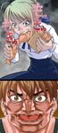  ahoge artoria_pendragon_(all) asakura_(asakura_souko) blonde_hair close-up earrings eating fate/stay_night fate_(series) food fujimura_taiga glasgow_smile green_eyes highres horror_(theme) hungry jewelry multiple_girls parody saber shigurui style_parody taiyaki wagashi 