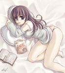  barefoot bed blue_eyes blush book bookmark bra breasts camisole chips copyright_request covered_nipples detached_sleeves feet food frilled_pillow frills from_above highres legs lingerie long_hair lying medium_breasts mouth_hold no_pants on_side panties pillow pillow_hug potato_chips purple_hair signature solo thong underwear white_panties xration 
