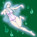  bare_legs barefoot commentary_request feet full_body ghost glowing green_background kari_(artist) legs light_blue_hair long_hair nontraditional_school_swimsuit one-piece_swimsuit pale_skin quiz_magic_academy red_eyes satsuki_(quiz_magic_academy) school_swimsuit simple_background solo swimsuit thigh_gap triangular_headpiece white_school_swimsuit white_swimsuit 
