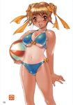  ball beachball bikini blonde_hair blue_bikini blush bow_bikini breasts carrying_under_arm copyright_request double_bun hair_ribbon highres holding holding_ball looking_at_viewer navel nishi_iori one-piece_tan open_mouth page_number red_eyes ribbon simple_background solo standing swimsuit tan tanline underboob white_background 
