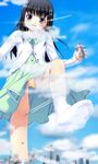  aircraft airplane black_hair blush city cloud day dress feet flat_chest from_below furusawa_kosuzu giantess hair_ornament hairclip highres leg_lift long_hair musume_shimai nonohara_miki panties pantyshot socks solo underwear upskirt yellow_panties 