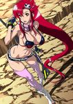  bikini_top brown_eyes curvy fingerless_gloves gloves gun leaning_forward legs long_hair navel navel_piercing piercing ponytail red_hair rifle shiny short_shorts shorts skindentation solo suna tengen_toppa_gurren_lagann thighhighs toned weapon yoko_littner 