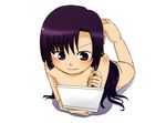  blush handheld_game_console kuhouin_murasaki kure-nai long_hair lying nintendo_ds nude purple_eyes purple_hair solo yashimata 
