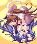  animal_ears aqua_eyes bell blush breasts brown_hair cat_ears cat_tail catfight cleavage gununu high_heels jingle_bell kittysuit little_busters! long_hair lying medium_breasts multiple_girls natsume_rin oekaki pantyhose purple_hair red_eyes sasasegawa_sasami shoes tail upside-down very_long_hair wrist_cuffs yuri zen 