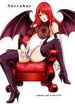  asagi_yoshimitsu bare_shoulders bat_wings boots breasts chair crotch_zipper demon_girl detached_sleeves gloves large_breasts long_hair original red_hair solo spread_legs succubus thigh_boots thighhighs wings zipper 