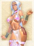  armlet bikini boots bracelet bracer breasts copyright_request covered_nipples dark_skin elf highleg highleg_bikini highleg_swimsuit homare_(fool's_art) jewelry large_breasts long_hair pink_legwear pointy_ears purple_eyes solo standing swimsuit thigh_boots thighhighs underboob white_hair 