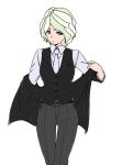  1girl alternate_hair_length alternate_hairstyle belt blonde_hair blue_eyes commentary diana_cavendish formal jacket jacket_removed little_witch_academia necktie nusisippi pants short_hair solo suit vest white_background 
