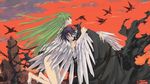  1girl animal bangs barefoot bird black_cloak black_hair c.c. clamp cloak closed_eyes closed_mouth cloud code_geass feathered_wings floating_hair from_side green_hair hand_on_another's_arm hand_on_another's_back highres hug kneeling lelouch_lamperouge long_hair long_sleeves looking_away official_art outdoors profile red_sky restrained sky straight_hair torn_clothes very_long_hair white_wings winged_arms wings yellow_eyes 