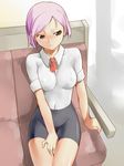  arm_support bad_id bad_pixiv_id bike_shorts blush brown_eyes copyright_request covering covering_crotch embarrassed hiru_okita impossible_clothes impossible_shirt pink_hair shirt short_hair sitting solo 