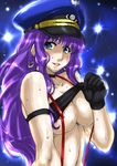  areolae armband bandeau blue_eyes blush breast_squeeze breasts choker earrings gloves hat jewelry large_breasts lipstick long_hair macross macross_frontier makeup marui nipple_slip nipples peaked_cap purple_hair sheryl_nome shirt_lift smile solo strapless suspenders sweat tubetop 