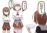  3girls bangs blunt_bangs breast_padding breasts brown_eyes brown_hair capelet character_request glasses headdress headgear kantai_collection large_breasts misumi_(niku-kyu) multiple_girls opaque_glasses open_mouth pince-nez plate pleated_skirt roma_(kantai_collection) shorts shorts_under_skirt skirt taihou_(kantai_collection) thighhighs translation_request wavy_hair zettai_ryouiki 