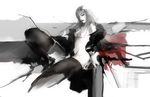  breasts copyright_request fur koyama_sousuke lipstick long_hair makeup medium_breasts monochrome nipples nude parted_lips solo spot_color thighhighs 