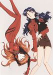  2girls 90s blue_eyes blue_hair breasts brown_eyes cross curvy female greek_cross jewelry katsuragi_misato long_hair long_legs multiple_girls nakayama_katsuichi necklace neon_genesis_evangelion official_art open_mouth pencil_skirt plugsuit scan skirt soryu_asuka_langley twintails 