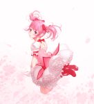 1girl absurdres athenawyrm blush bow bubble_skirt cherry_blossoms cutout floating_hair frilled_legwear frilled_skirt frills from_side full_body hair_bow head_tilt highres jumping kaname_madoka kneehighs layered_skirt legs_up long_hair looking_at_viewer mahou_shoujo_madoka_magica miniskirt petals pink_eyes pink_hair pink_skirt red_bow red_footwear short_sleeves skirt smile solo twintails white_legwear white_skirt white_sleeves 