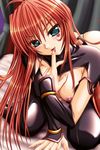  breasts genrin_no_kishougun_2 gloves green_eyes hatozuki_tsumiki heart leather licking long_hair medium_breasts nipples red_hair solo tongue 