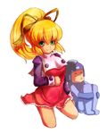  1girl bad_id bad_pixiv_id blonde_hair cropped_legs green_eyes kara_(color) ponytail red_skirt rockman rockman_(character) rockman_(classic) roll skirt 
