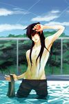  arm_up bad_id bad_pixiv_id chain-link_fence cloud day expressionless fence long_hair macross macross_frontier male_focus outdoors pants pool saotome_alto shirtless sky solo tree ugly_(pixiv) wading water 