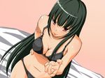  :p aaru_(tenrake_chaya) bed blush breasts cleavage copyright_request green_hair hands large_breasts lingerie long_hair navel red_eyes sitting solo tongue tongue_out underwear 