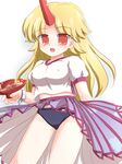  alcohol blonde_hair breasts buruma covered_nipples cup fang horn hoshiguma_yuugi large_breasts long_hair ry sakazuki sake solo touhou 