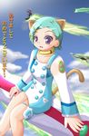  1girl animal_ears blush blush_stickers cloud eureka eureka_7 eureka_seven eureka_seven_(series) green_hair hoverboard looking_at_viewer outdoors short_hair sky smile solo tail 