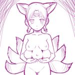  animal_ears artist_request braid breasts copyright_request extra_breasts fox_ears fox_tail medium_breasts monochrome multiple_tails nipples nude parody sketch solo tail third_eye twin_braids 