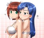  ? amami_haruka blue_eyes blue_hair blush breast_grab breasts brown_hair earrings grabbing green_eyes idolmaster idolmaster_(classic) idolmaster_1 jewelry kisaragi_chihaya long_hair medium_breasts multiple_girls ribbon short_hair sweatdrop ttomm 