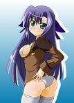  blush bra ginga_nakajima green_eyes lingerie long_hair lyrical_nanoha mahou_shoujo_lyrical_nanoha_strikers military military_uniform open_clothes open_shirt panties purple_hair sawa_(snack_yoshie) shirt smile solo thighhighs tsab_ground_military_uniform underwear uniform 