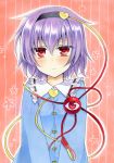  1girl black_hairband blue_shirt blush eyebrows_visible_through_hair fujiwara_minaho hair_between_eyes hair_ornament hairband heart heart_hair_ornament komeiji_satori long_sleeves looking_at_viewer marker_(medium) purple_hair red_eyes shirt short_hair solo striped striped_background touhou traditional_media upper_body watermark 