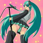  blue_eyes blue_hair detached_sleeves from_below hatsune_miku long_hair microphone microphone_stand nike_(0306) panties skirt solo striped striped_panties thighhighs twintails underwear vocaloid 