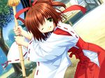  broom game_cg green_eyes hakama japanese_clothes miko mikomai misaka_natsuki one_eye_closed red_hair red_hakama solo tongue ueda_ryou 