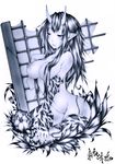  animal_print bad_id bad_pixiv_id banned_artist blue_oni breasts demon_girl detached_sleeves flower horns large_breasts long_hair monochrome nude oni oni_horns original pointy_ears simple_background solo tiger_print viola_(seed) white_background 