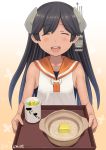  1girl black_hair butter commentary_request cup eyes_closed food headgear i-400_(kantai_collection) kantai_collection long_hair misumi_(niku-kyu) open_mouth porridge sailor_collar smile solo swimsuit tray twitter_username upper_body 