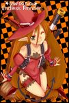  bare_shoulders bow demon_tail detached_sleeves earrings flat_chest green_eyes hair_bow hat jewelry kannagi_kaname kyon_feulion long_hair navel one_eye_closed orange_hair pointy_ears smile solo super_robot_wars tail twintails witch_hat 