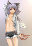  aaru_(tenrake_chaya) animal_ears areolae bike_shorts breasts cameltoe cat_ears copyright_request medium_breasts navel open_clothes open_shirt red_eyes shirt short_hair shorts silver_hair solo 