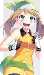  &gt;:d 1girl :d bandanna bangs bare_arms bare_shoulders blue_eyes blush border breasts brown_hair clenched_hands collared_dress creatures_(company) dress eyebrows_visible_through_hair fanny_pack female game_freak gloves green_bandanna grey_background hands_up happy haruka_(pokemon) haruka_(pokemon_emerald) looking_at_viewer medium_breasts multicolored multicolored_clothes multicolored_gloves neck nintendo open_mouth orange_dress pokemon pokemon_(game) pokemon_emerald pokemon_rse round_teeth short_hair sleeveless sleeveless_dress smile solo swept_bangs teeth upper_body upper_teeth white_border yuihiko 