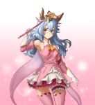 1girl animal_ears armpits ascot athenawyrm blue_hair blush boots brown_eyes cosplay cowboy_shot detached_sleeves embarrassed ferry_(granblue_fantasy) floating_hair gloves gradient gradient_background granblue_fantasy hair_between_eyes holding holding_staff layered_skirt long_hair long_sleeves miniskirt pink_background pink_footwear pink_sleeves pleated_skirt prisma_illya prisma_illya_(cosplay) skirt solo staff standing thigh_boots thigh_strap thighhighs very_long_hair white_gloves white_skirt yellow_neckwear 