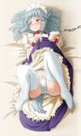  animal_ears bad_id bad_pixiv_id bed blue_eyes blush braid chain collar dress dress_lift fleda garter_belt highres izayoi_sakuya legs lying maid maid_headdress panties silver_hair solo tail tears thighhighs touhou underwear 