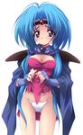  artist_request blue_eyes blue_hair blush breasts cape circlet cleavage embarrassed fingerless_gloves gloves haou_taikei_ryuu_knight large_breasts long_hair paffy_pafuricia panties skirt skirt_lift solo underwear 