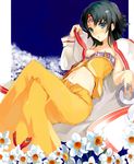  bad_id bad_pixiv_id black_hair blue_background blue_eyes daffodil flower jewelry midriff miz ring ruby_(unlimited_saga) saga short_hair solo unlimited_saga 