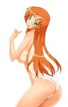  a1 ass back breasts code_geass from_side green_eyes large_breasts long_hair looking_at_viewer looking_back one-piece_tan orange_hair panties shirley_fenette sideboob simple_background solo standing tan tanline topless underwear white_background 