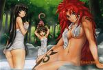  arm_support ass black_hair blue_eyes bottomless breasts brown_eyes brown_hair eiwa large_breasts long_hair medium_breasts monkey multiple_girls nail_polish naked_towel navel nowa nude one_eye_closed onsen queen's_blade red_hair risty ruu_(queen's_blade) tattoo tomoe towel towel_around_neck tree twintails 