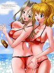  absurdres ass ass_grab beach bikini blonde_hair blue_eyes breast_grab breasts day excellen_browning grabbing grabbing_another's_ass green_eyes green_hair groping hand_on_ass highres lamia_loveless large_breasts long_hair lotion mercy_rabbit multiple_girls one_eye_closed outdoors ponytail smile super_robot_wars swimsuit twisted_torso yuri 