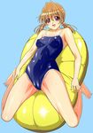  :d barefoot blue_background breasts cameltoe covered_nipples highres inflatable_raft kuroda_kazuya medium_breasts one-piece_swimsuit open_mouth original school_swimsuit smile solo swimsuit twintails 