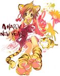  2010 :3 animal_ears blush brown_eyes brown_hair claws fangs hanehane_kiro new_year original solo tail tiger 